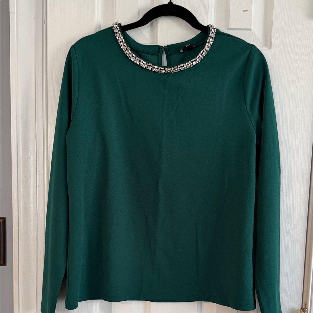 NWT Ann Taylor Embellished Crewneck Long-Sleeve Top - Emerald Green Size Large